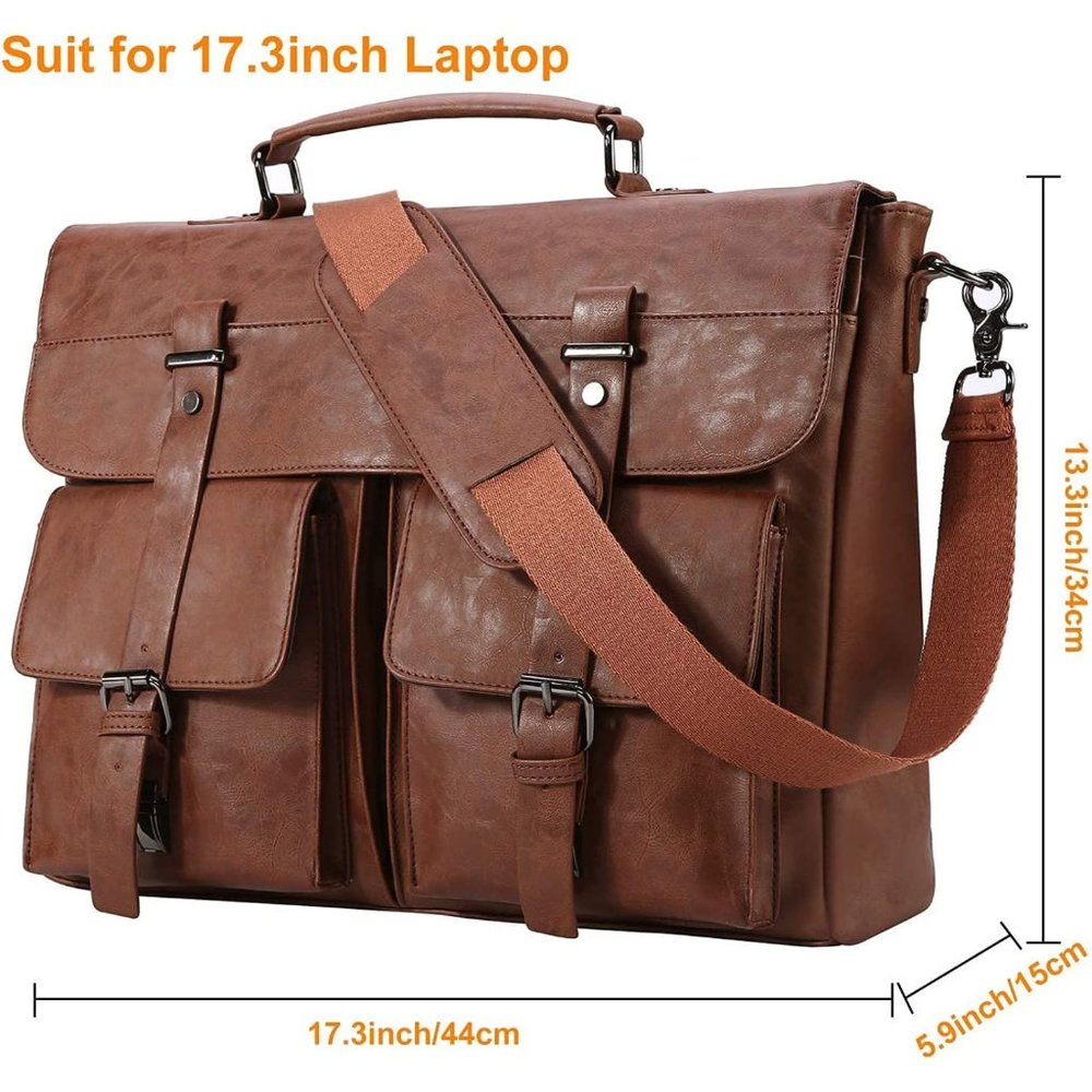 PU Leather Messenger Bag for Men, Vintage Leather Laptop Bag, 17.3 Inch
